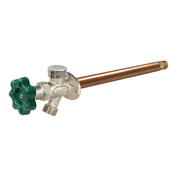 An 8-inch non-freeze anti-siphon wall hydrant with a quarter-turn green handle and copper extension.