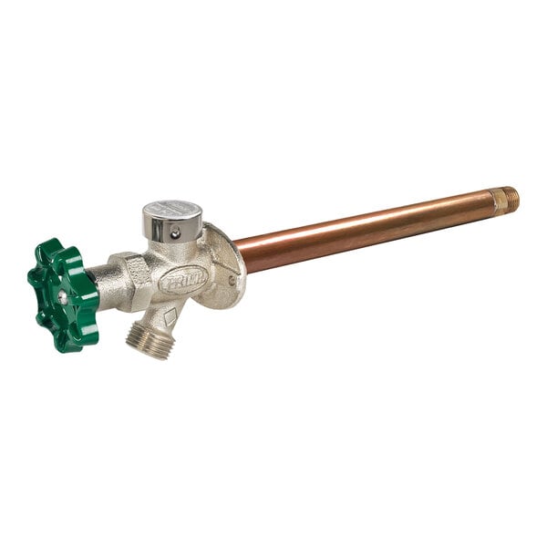 A 10-inch non-freeze anti-siphon wall hydrant with a green handle and copper extension.