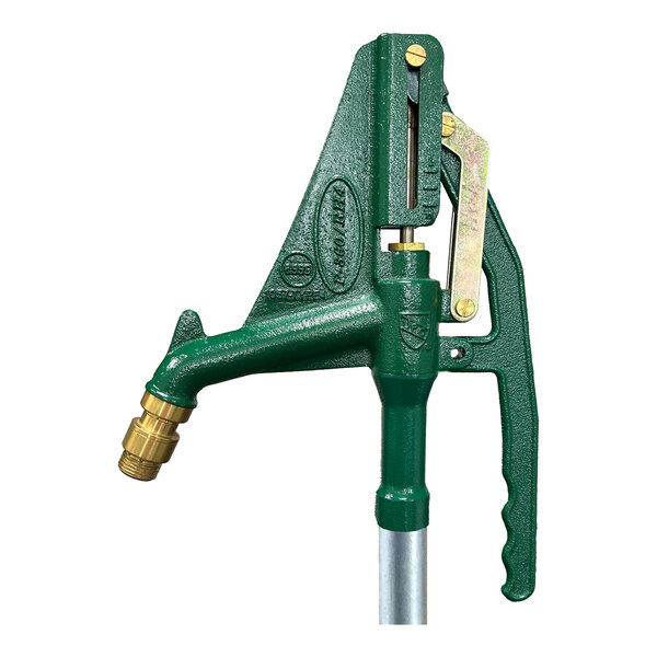 A green non-freeze sanitary ground hydrant with a lever handle and brass nozzle.