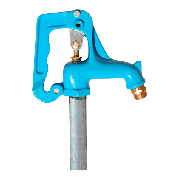 A blue non-freeze ground hydrant with a cam lever and brass spout attachment.