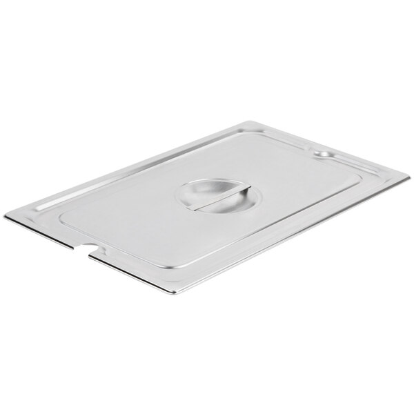 A Vollrath stainless steel slotted pan cover with a long handle.