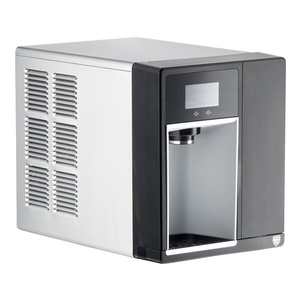 A countertop ice maker and water dispenser with a stainless steel and black exterior.
