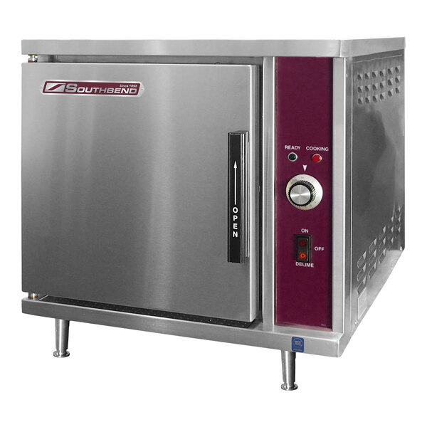 A stainless steel electric countertop convection steamer with control panel and door, designed to hold five pans.