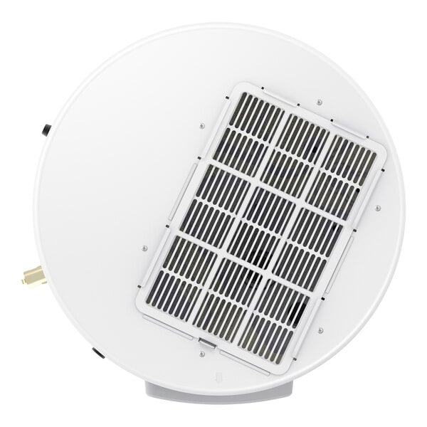 A round white electric indoor hybrid heat pump water heater with a vented panel on the front.