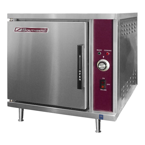A stainless steel electric countertop convection steamer with a front control panel and door, designed to hold three pans.