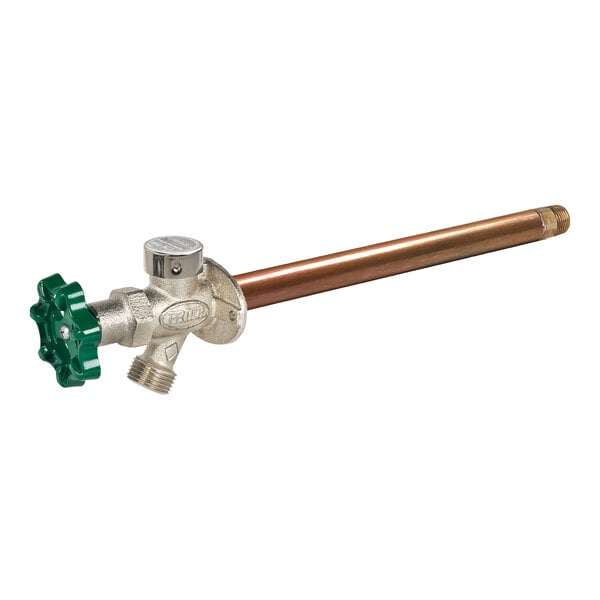 A 12-inch non-freeze anti-siphon wall hydrant with a green handle and copper pipe, designed for outdoor water access.