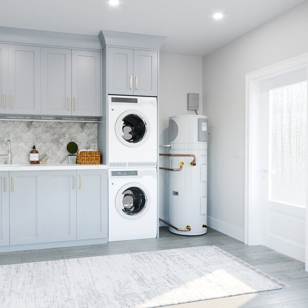 An 80-gallon electric indoor hybrid heat pump water heater installed in a modern laundry room.