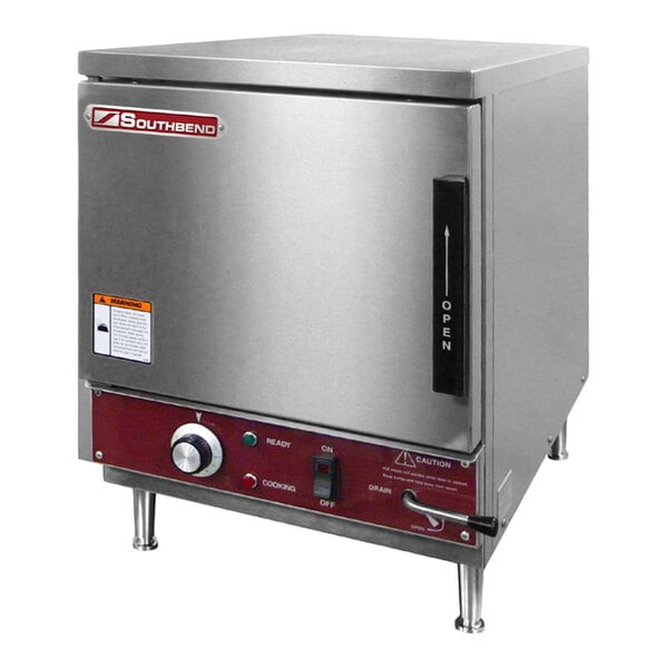 A stainless steel electric countertop convection steamer with a front control panel and four legs.