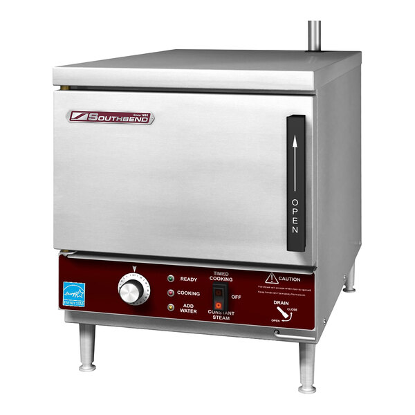 A stainless steel Southbend countertop convection steamer with manual controls and a front-facing door.