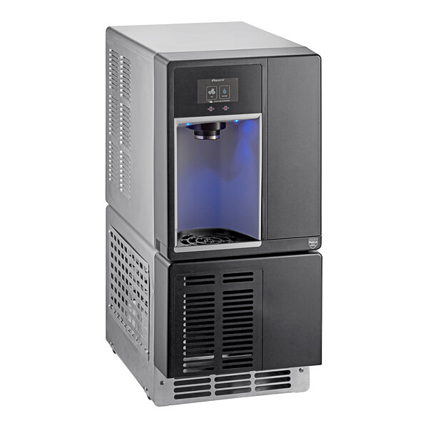 A commercial undercounter ice maker and water dispenser with a stainless steel and black exterior.