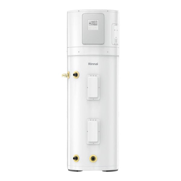 A white, cylindrical Rinnai REHP50 50-gallon electric indoor hybrid heat pump water heater.