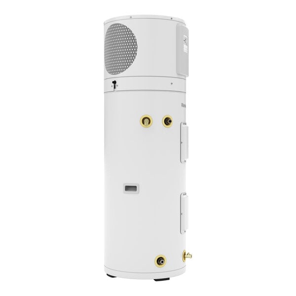 A tall, cylindrical white electric indoor hybrid heat pump water heater with multiple connection points and a vented top section.