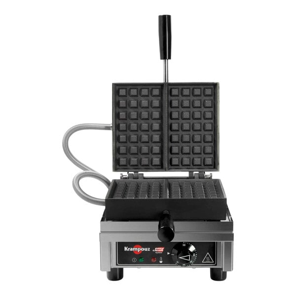 A commercial single Belgian waffle maker with a 90-degree opening and a stainless steel base.