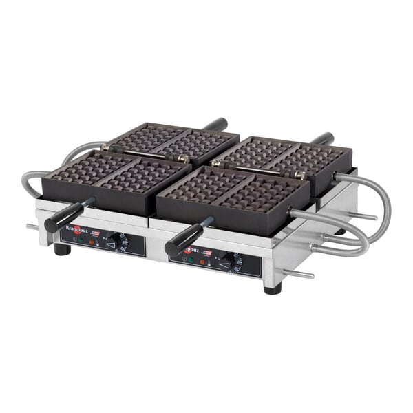A double Belgian waffle maker with four square waffle plates and a 180-degree opening, designed for commercial use.