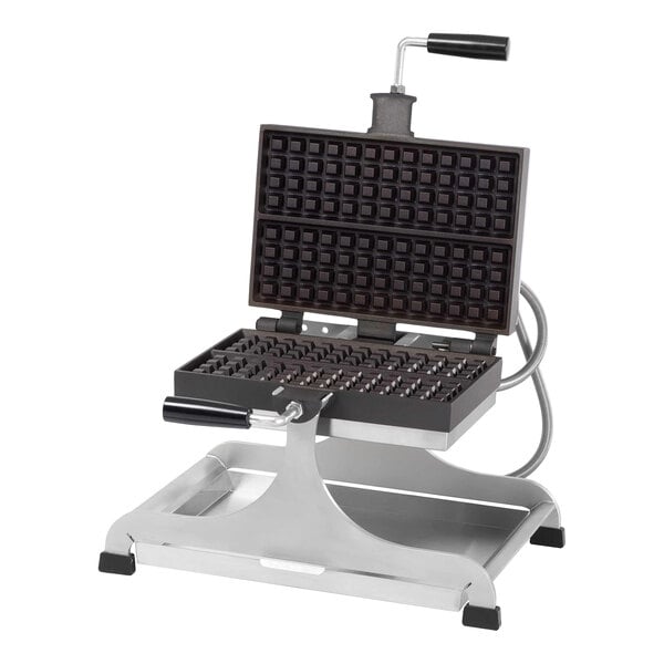 A commercial-grade swivel waffle maker with a rectangular cooking surface and a stainless steel base.