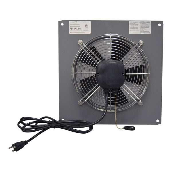 A square panel-mounted exhaust fan with a protective metal grille, black fan blades, a pull chain, and an attached power cord with a plug.