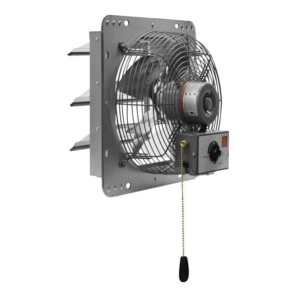 A wall-mounted exhaust fan with a metal frame, protective wire grill, control box, and pull chain, featuring three rear shutter panels.