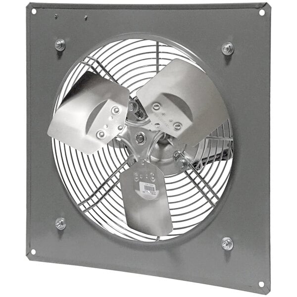 A metal panel-mounted exhaust fan with three blades and a protective grille.