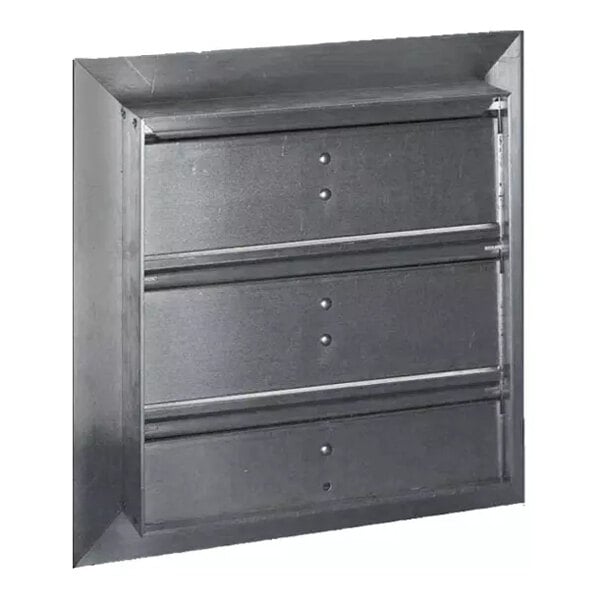 A square metal gravity shutter backdraft damper with three horizontal blades.