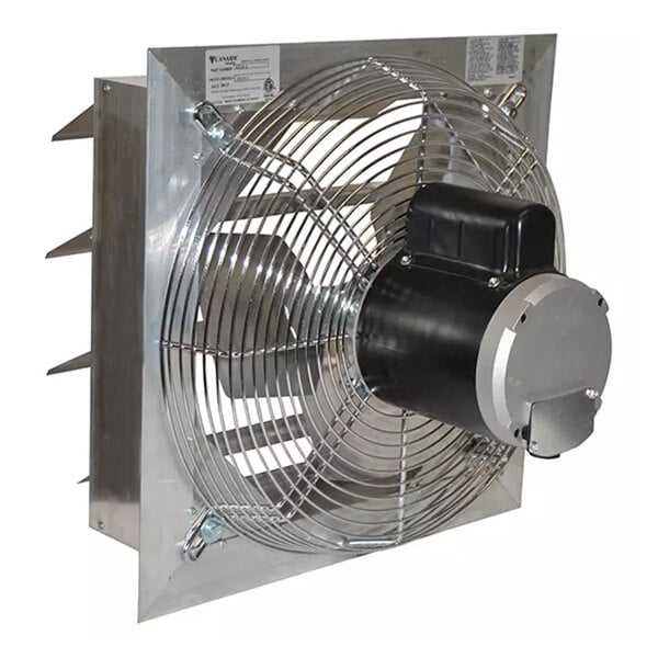 An aluminum shutter-mounted wall exhaust fan with a protective grille and direct-drive motor.