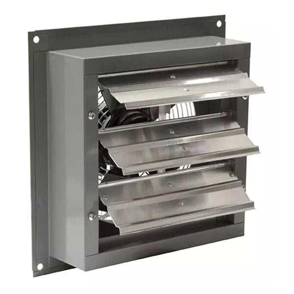 A shutter-mounted exhaust fan with a metal frame and adjustable louvers.
