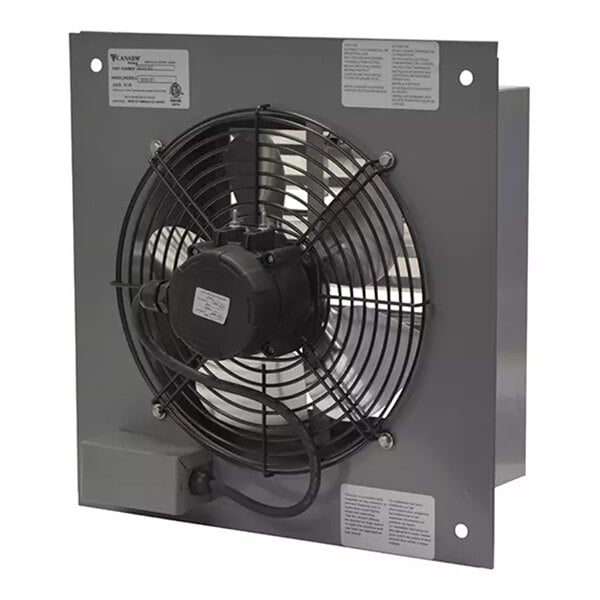 A square, shutter-mounted exhaust fan with a protective grille and an EC motor, designed for ventilation applications.