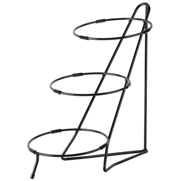 A black metal Cal-Mil three tier round bowl stand.
