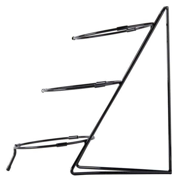 A black metal Cal-Mil three tier round bowl stand.