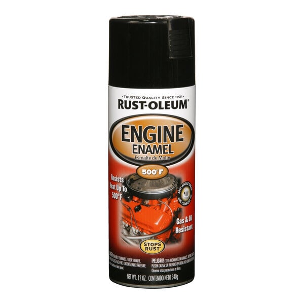 A can of Rust-Oleum Engine Enamel black gloss spray paint for automotive engines.