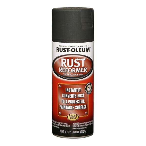 A can of Rust-Oleum Rust Reformer black spray paint, 10.25 ounces.