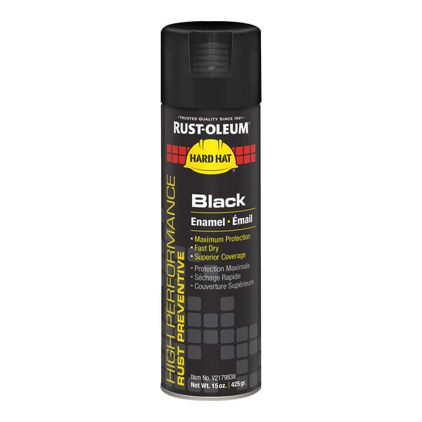 A can of Rust-Oleum Hard Hat black enamel spray paint, 15 ounces.