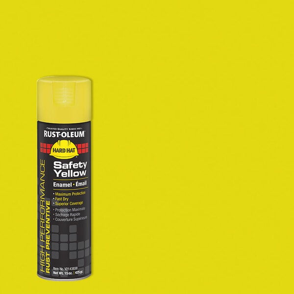 A can of Rust-Oleum Hard Hat Safety Yellow enamel spray paint.