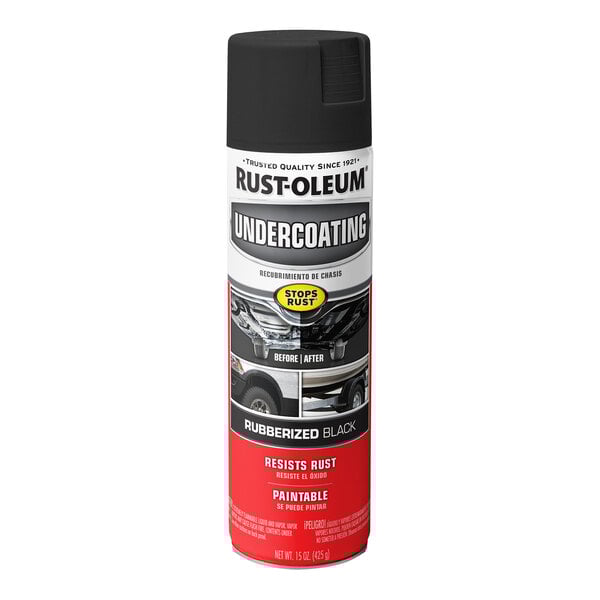 A can of Rust-Oleum rubberized black undercoating spray for automotive use.