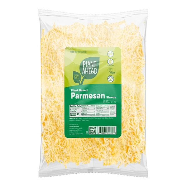 A bag of Plant Ahead plant-based vegan shredded Parmesan cheese.