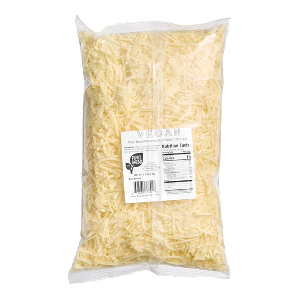 A bag of Plant Ahead plant-based vegan shredded parmesan cheese.