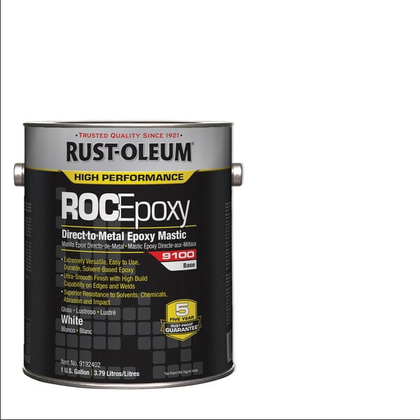 A one-gallon can of Rust-Oleum ROC Epoxy High Performance Direct-to-Metal Epoxy Mastic paint in white.