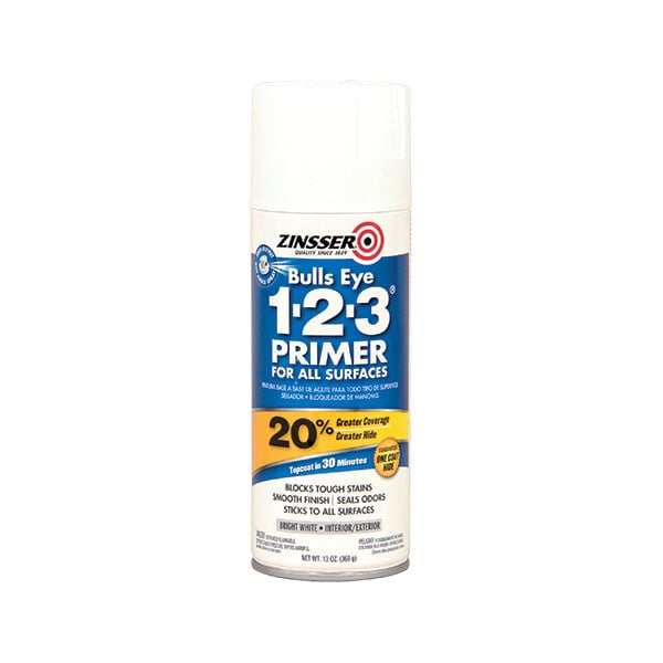 A can of Zinsser Bulls Eye 1-2-3 white primer spray for all surfaces.