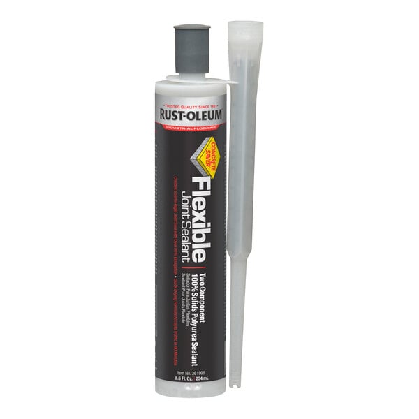 A 9-ounce tube of Rust-Oleum flexible joint sealant in gray with an applicator nozzle.