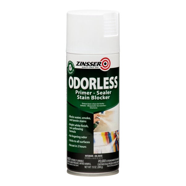 A can of Zinsser Odorless Primer-Sealer Stain Blocker spray paint in white, 13 ounces.