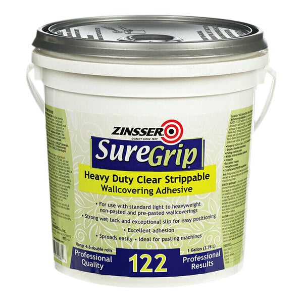 A 1-gallon container of Zinsser SureGrip heavy duty clear strippable wallcovering adhesive.