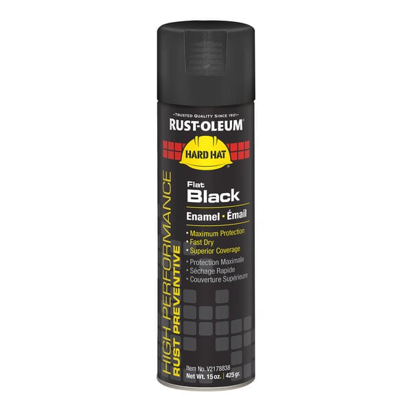 A can of Rust-Oleum Hard Hat flat black enamel spray paint, 15 ounces.