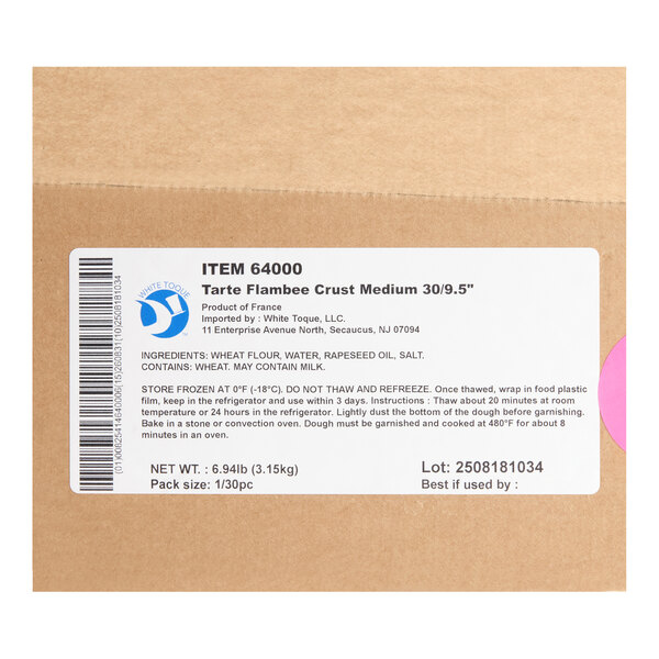 A box of White Toque medium tarte flambee crusts, each 9.5 inches in diameter, with 30 crusts per case.