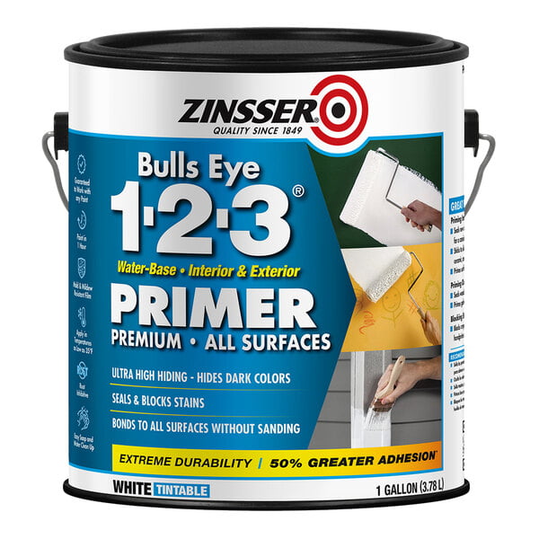 A 1-gallon can of Zinsser Bulls Eye 1-2-3 water-based white primer for all surfaces.