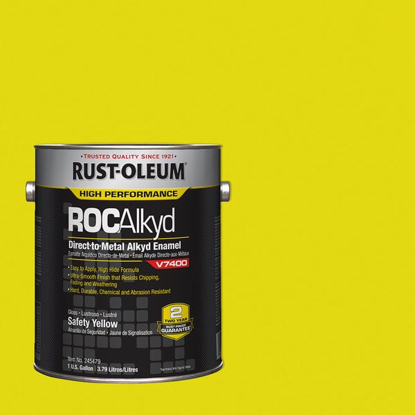 A one-gallon can of Rust-Oleum ROCAlkyd V7400 System Safety Yellow high-performance direct-to-metal alkyd enamel paint.