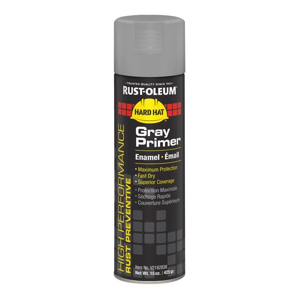 A can of Rust-Oleum Hard Hat Gray Primer spray paint, 15 ounces.