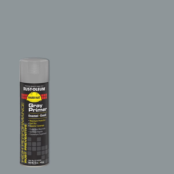A can of Rust-Oleum Hard Hat Gray Primer spray paint, 15 ounces.