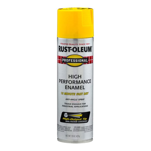 A can of Rust-Oleum Professional High Performance Enamel spray paint in safety yellow.
