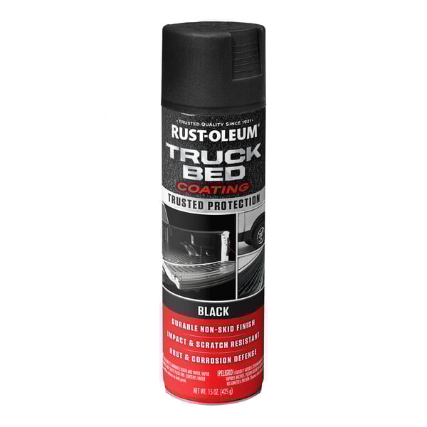 A can of Rust-Oleum black truck bed coating spray paint, 15 ounces.