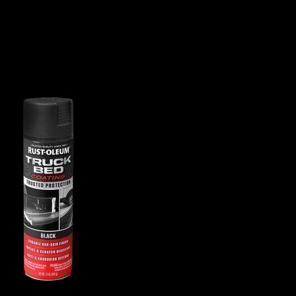 A can of Rust-Oleum Truck Bed Coating spray paint in black, 15 ounces.