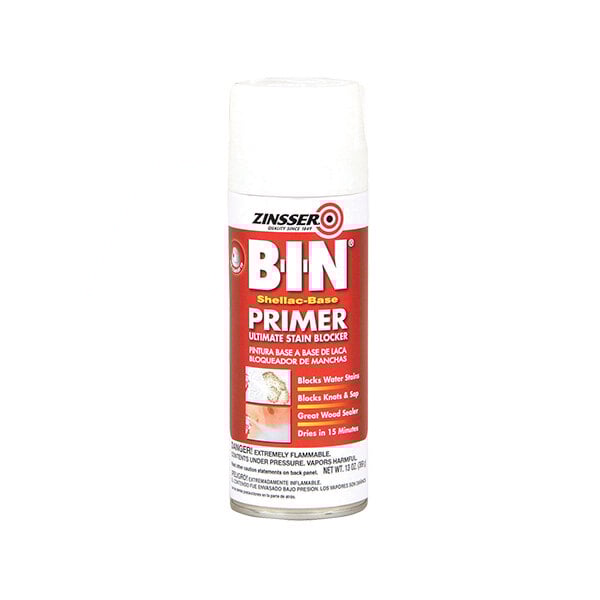 A can of Zinsser B-I-N Shellac-Base Primer spray in flat white, 13 ounces.